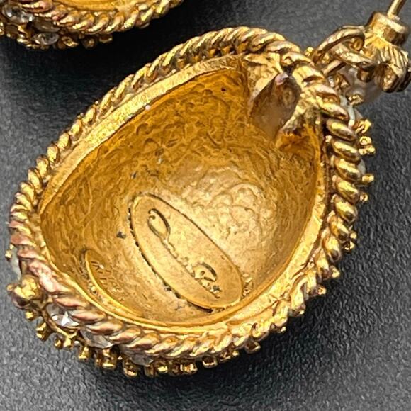 Oscar de la renta Signed Crystal Dome Pearl Drop Repurposed Earrings Repaired - Picture 5 of 8